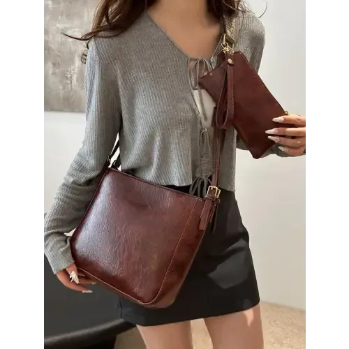 Exciting Brown Faux Leather Adjustable Strap Crossbody Bag