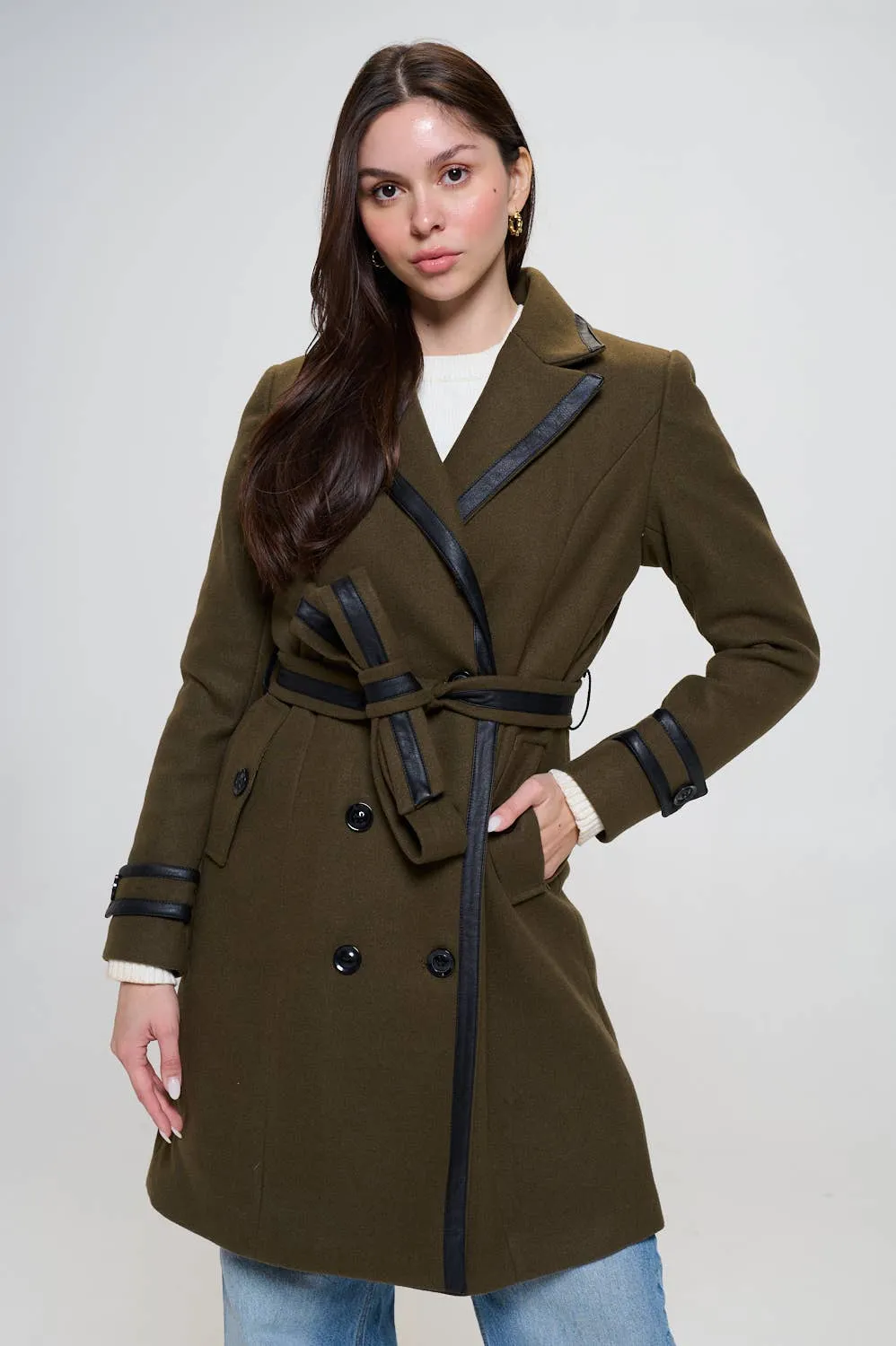 Faux Leather Belted Wool Coat: Olive