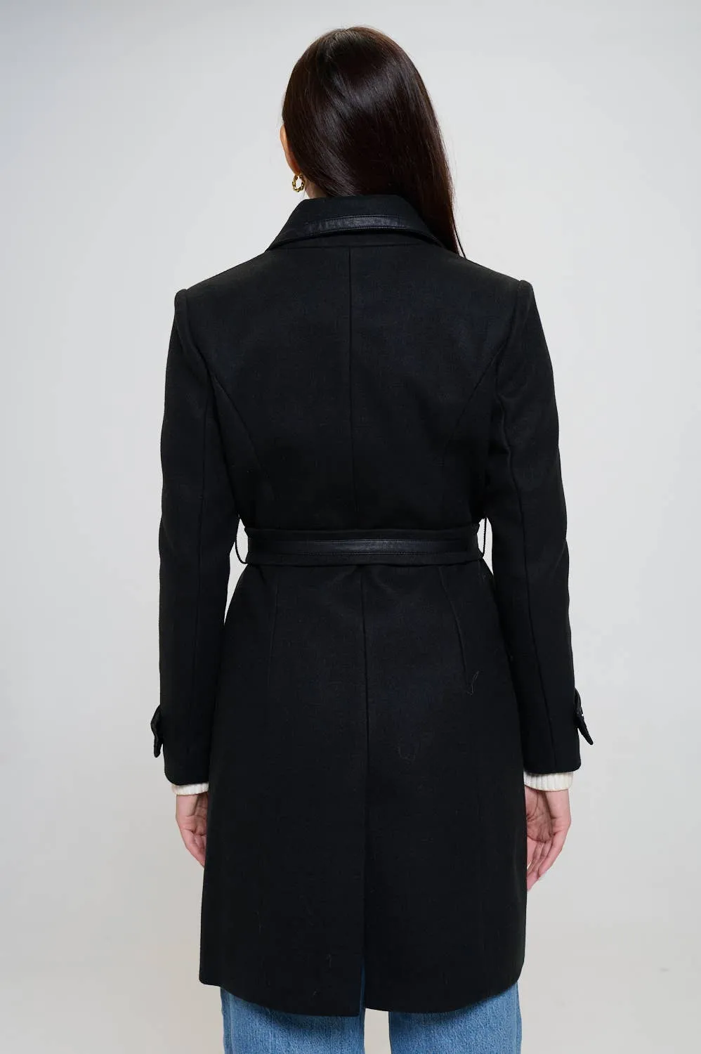 Faux Leather Belted Wool Coat: Olive