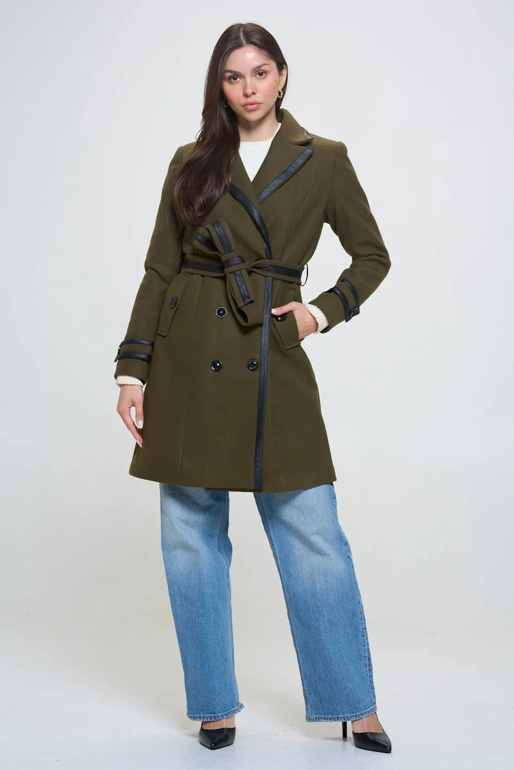Faux Leather Belted Wool Coat: Olive