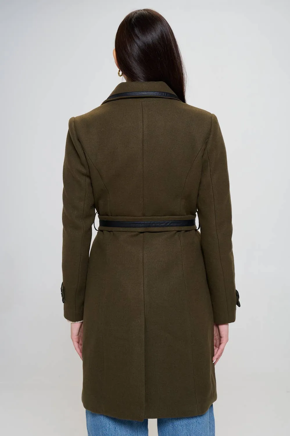 Faux Leather Belted Wool Coat: Olive