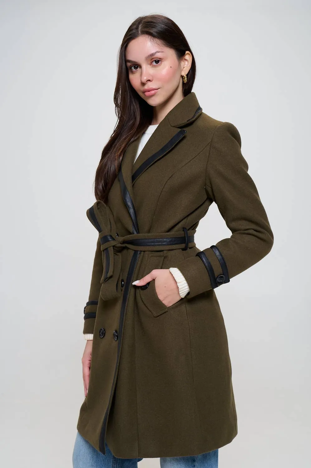 Faux Leather Belted Wool Coat: Olive