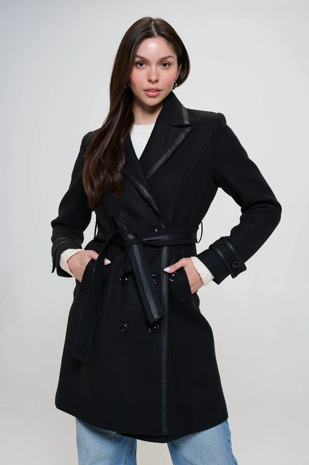 Faux Leather Belted Wool Coat: Olive