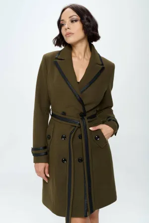 Faux Leather Belted Wool Coat: Olive
