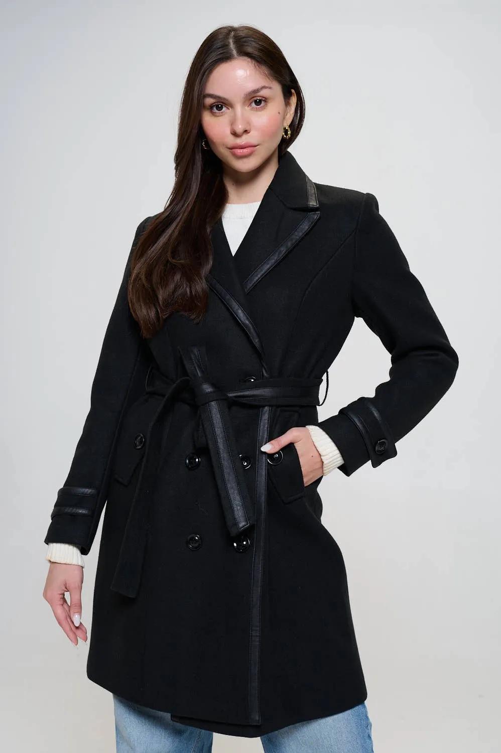 Faux Leather Belted Wool Coat: Olive