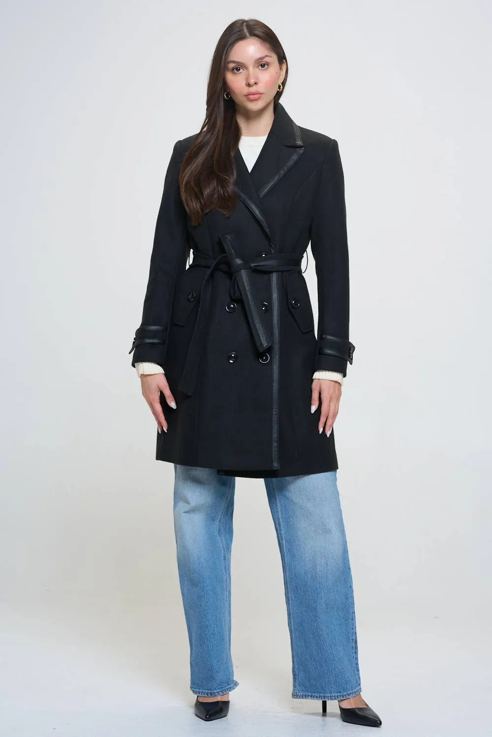Faux Leather Belted Wool Coat: Olive