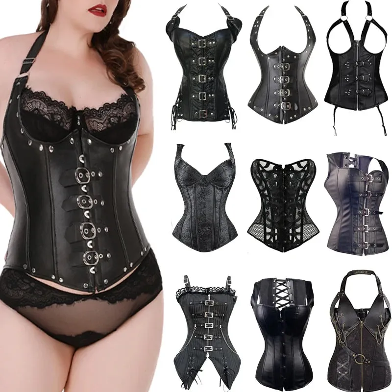 Faux Leather Steampunk Overbust Corset with Buckle Details