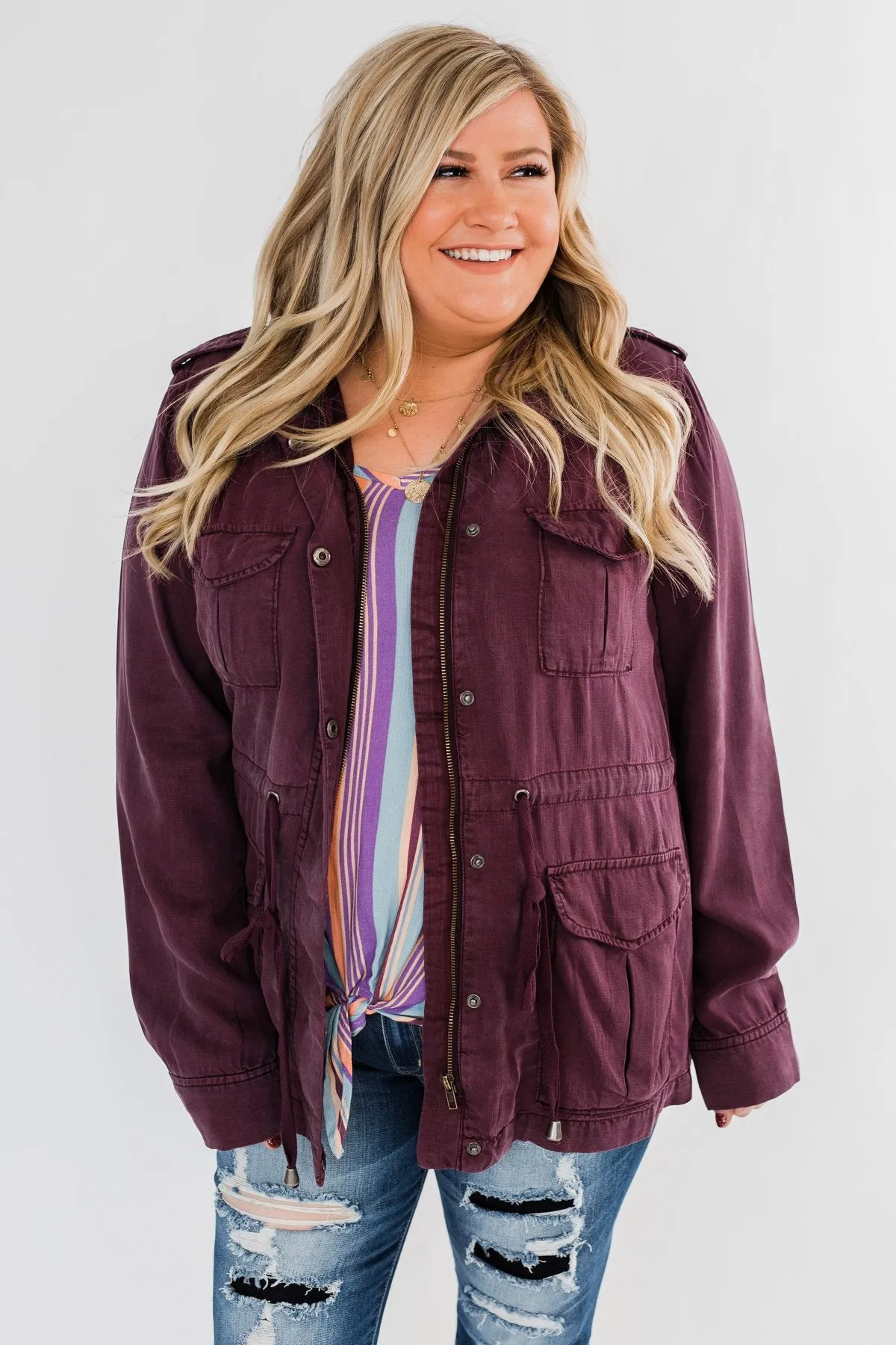 Feeling Free Drawstring Jacket- Eggplant