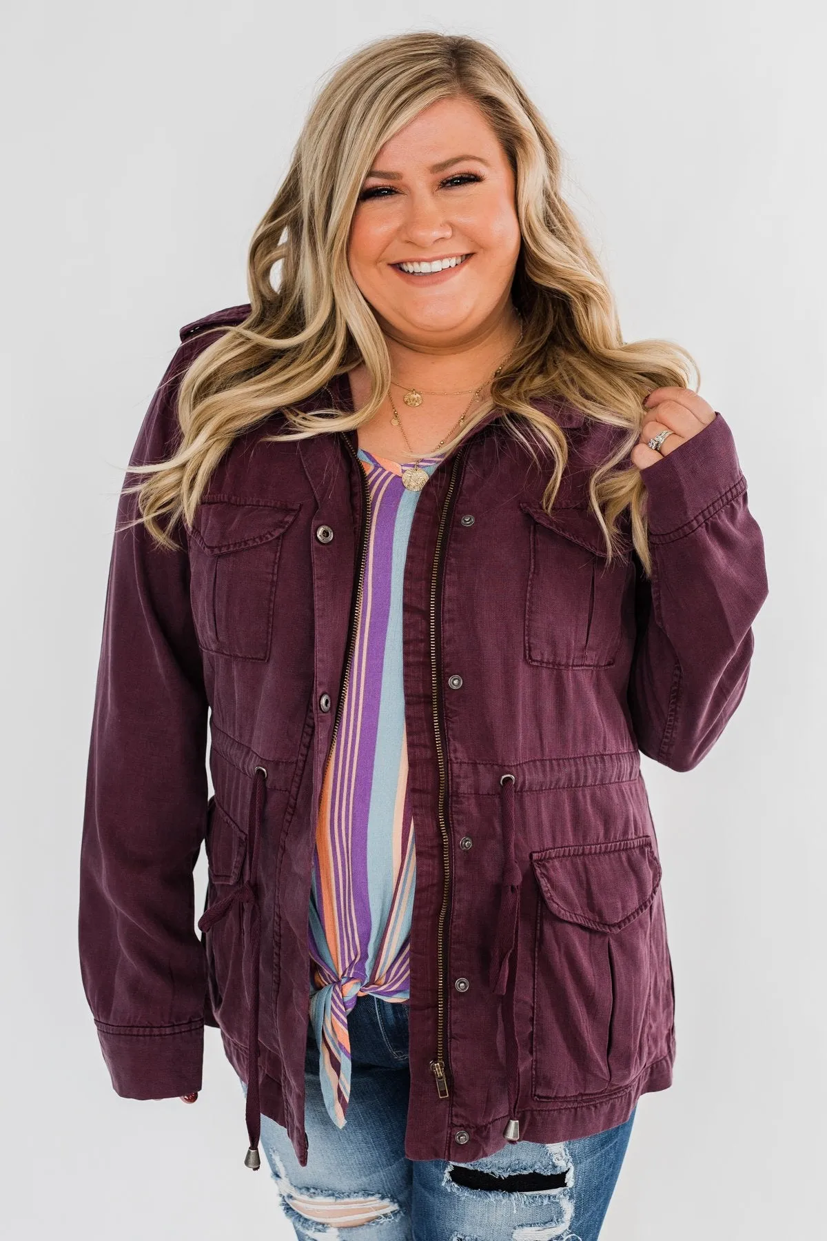 Feeling Free Drawstring Jacket- Eggplant