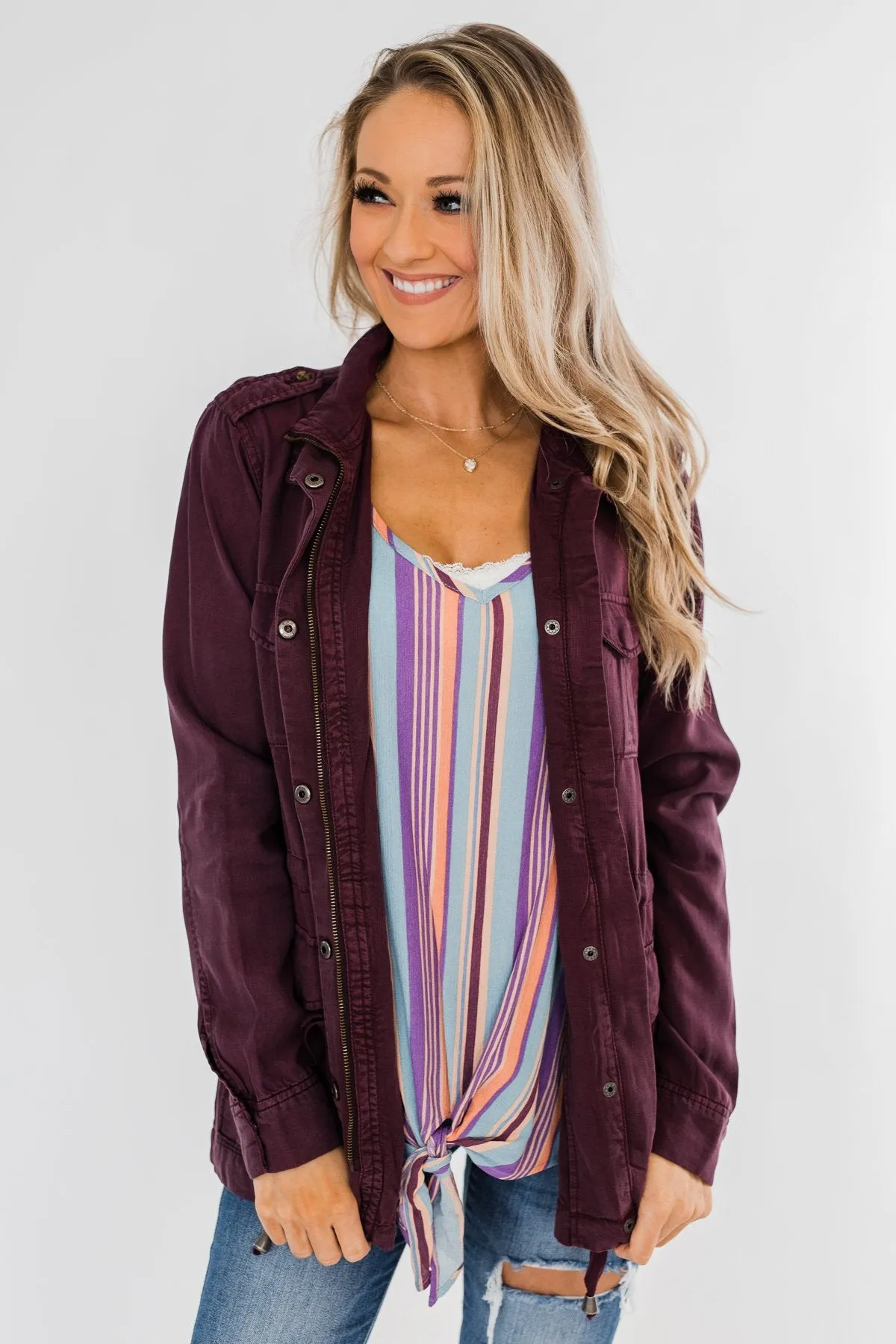 Feeling Free Drawstring Jacket- Eggplant