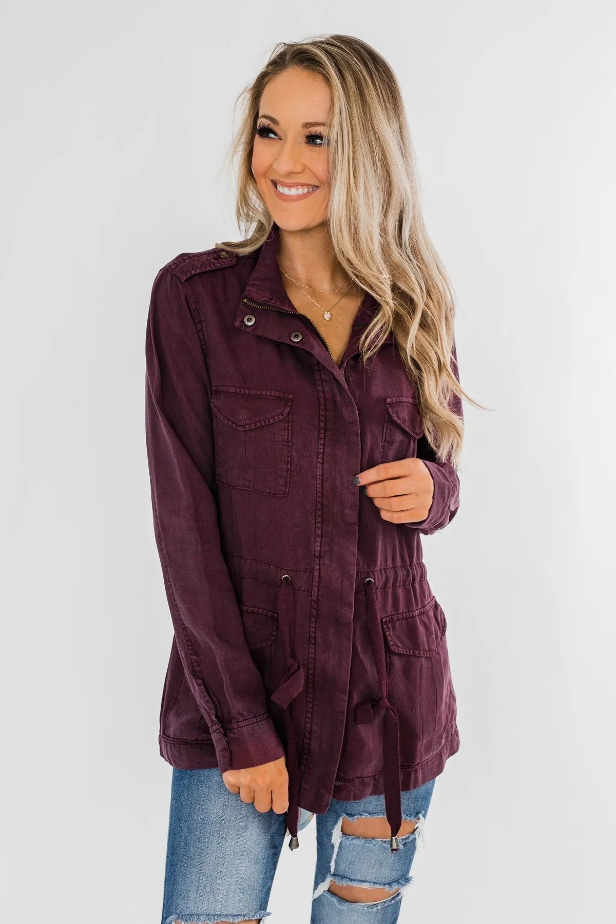 Feeling Free Drawstring Jacket- Eggplant