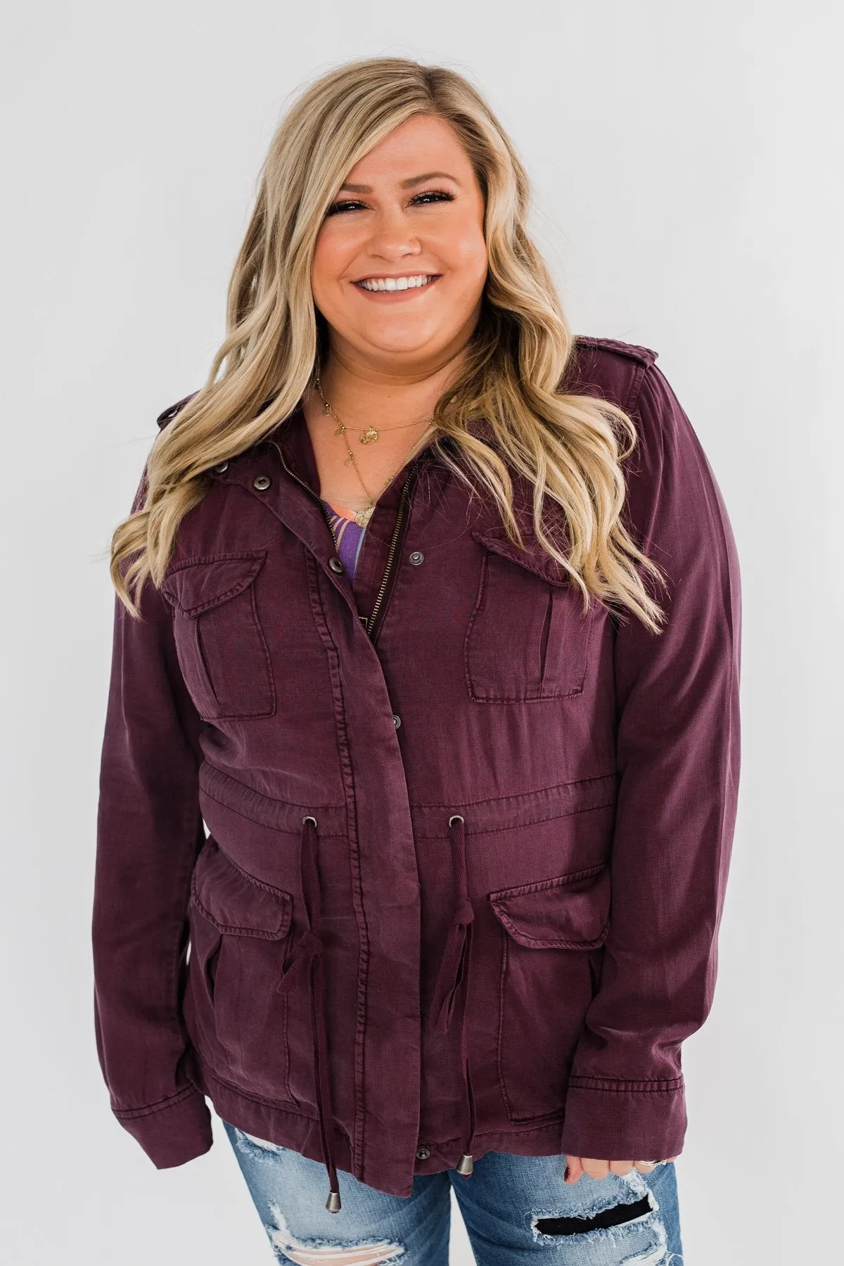 Feeling Free Drawstring Jacket- Eggplant