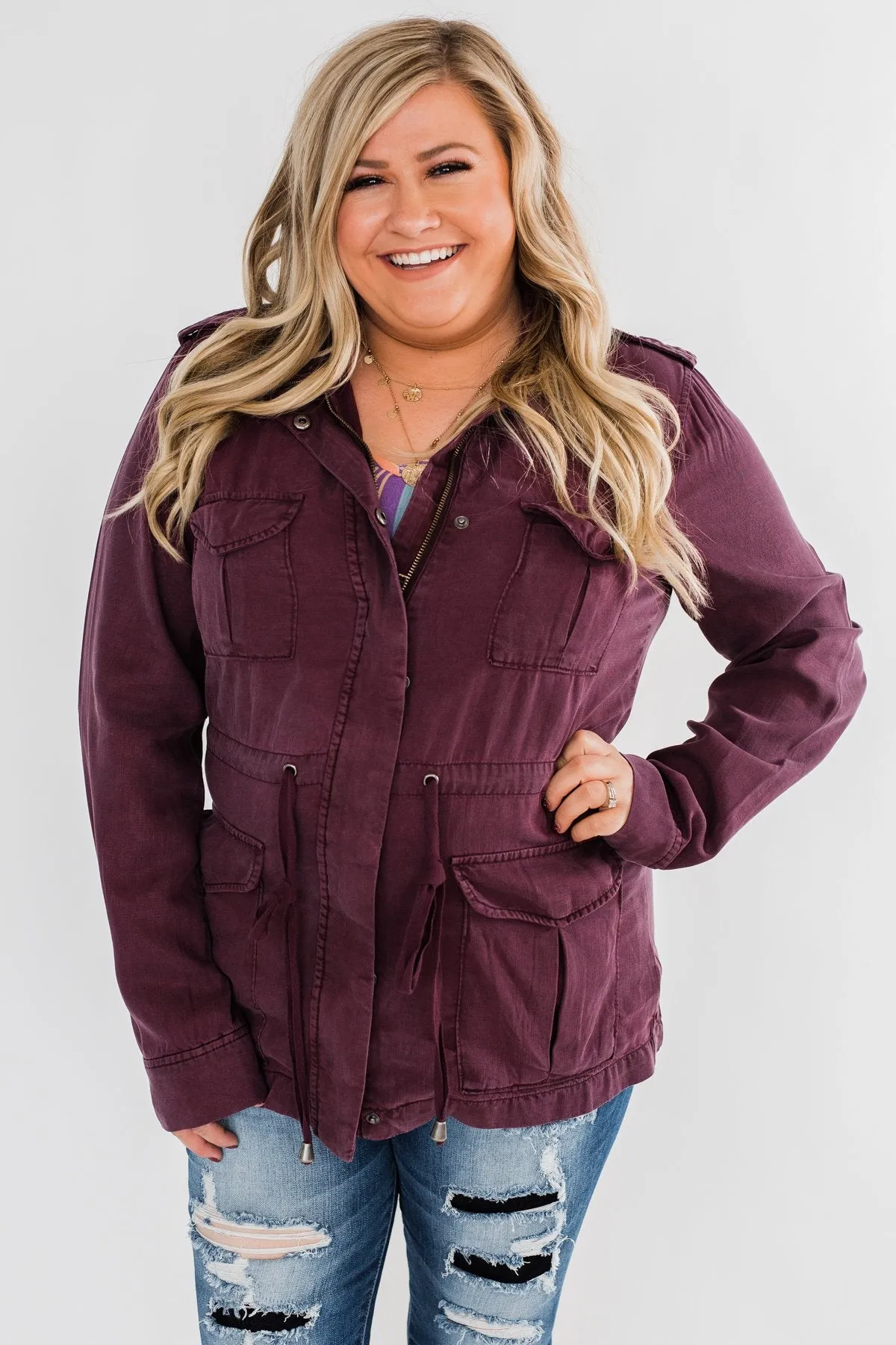Feeling Free Drawstring Jacket- Eggplant