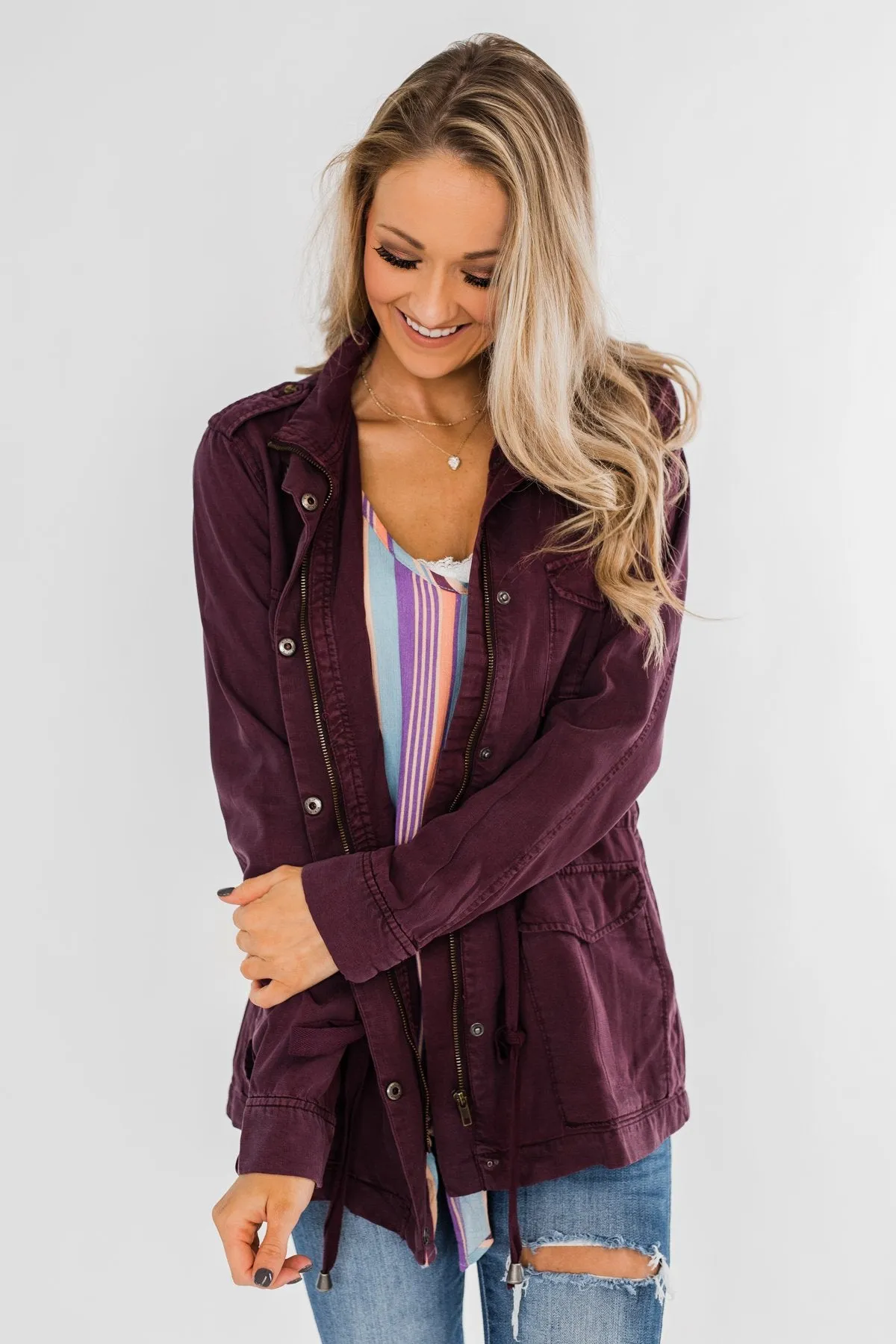 Feeling Free Drawstring Jacket- Eggplant