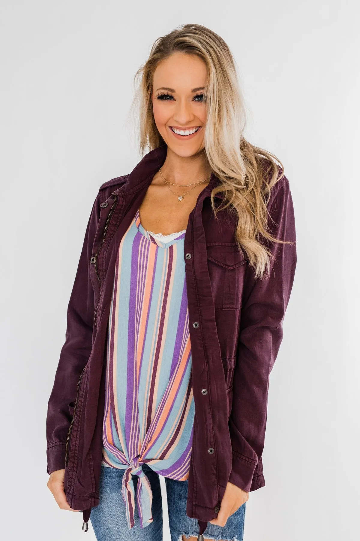 Feeling Free Drawstring Jacket- Eggplant