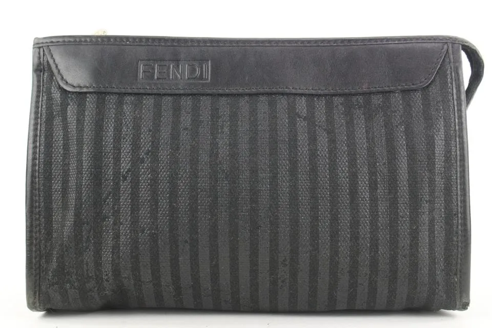 Fendi Black Pequin Stripe Cosemtic Pouch Make Up Case 54ff115