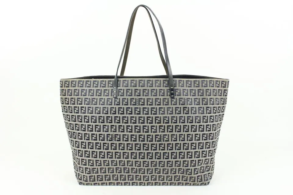 Fendi Navy x Grey Monogram FF Zucca Roll Shopper Tote Bag 60f414s