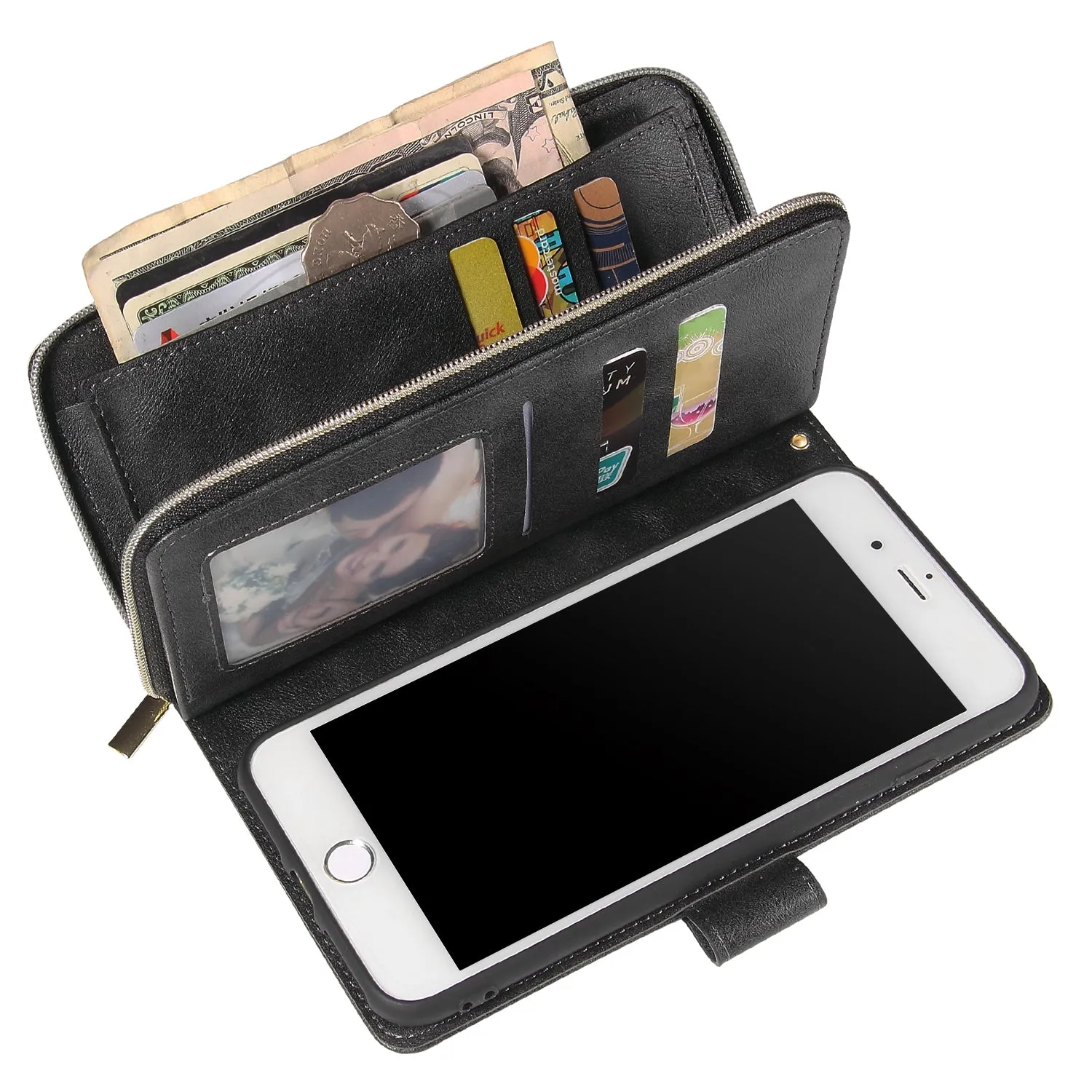 For Iphone 6/6s/6 Plus/6s Plus/7 Plus/8 Plus Pu Leather  Mobile Phone Cover Zipper Card Bag   Wrist Strap black