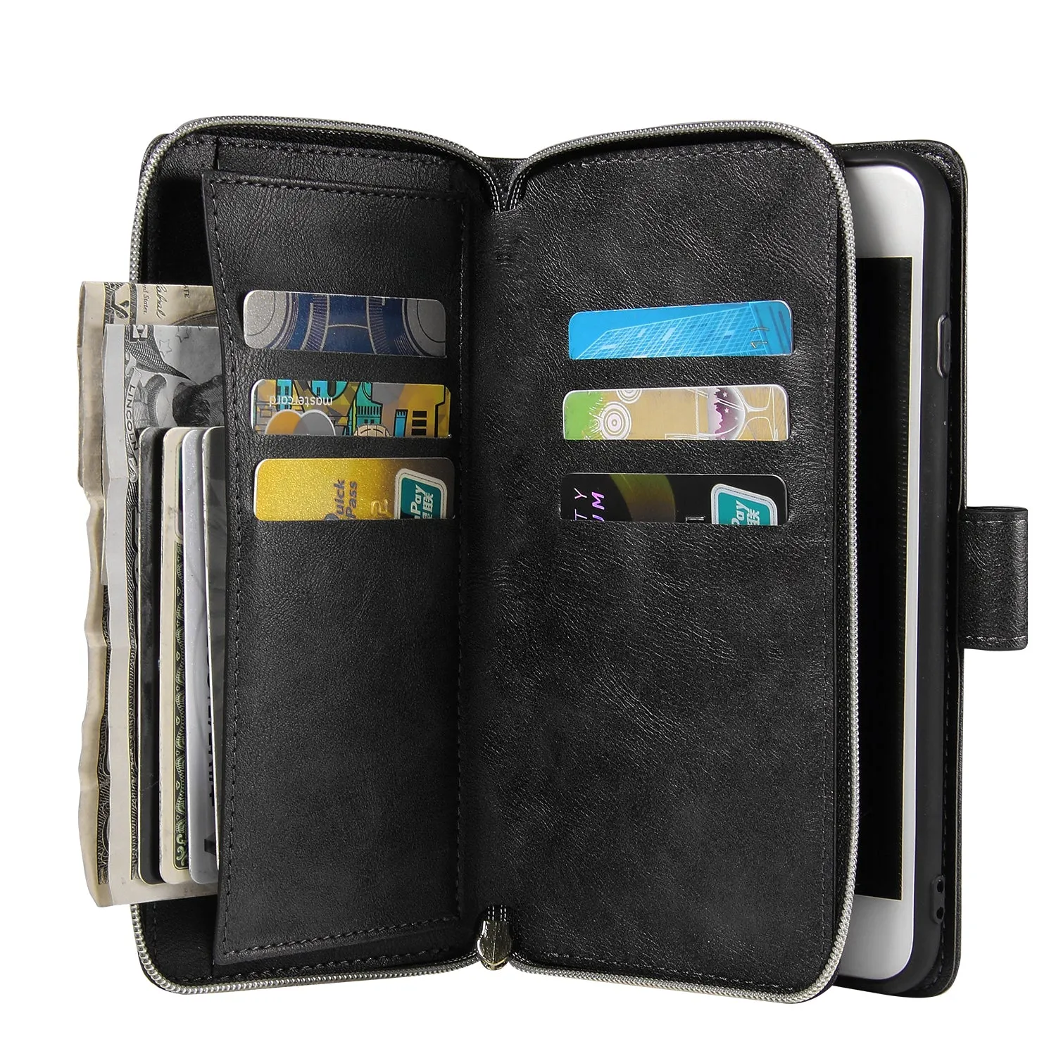 For Iphone 6/6s/6 Plus/6s Plus/7 Plus/8 Plus Pu Leather  Mobile Phone Cover Zipper Card Bag   Wrist Strap black