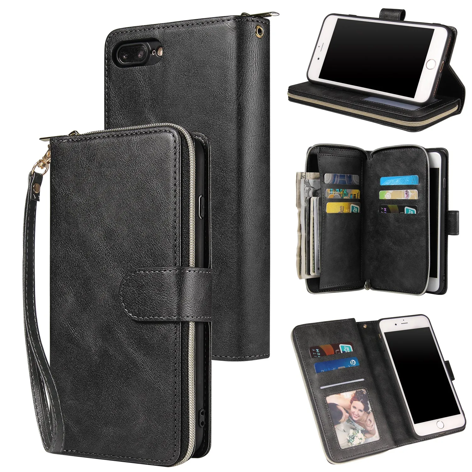 For Iphone 6/6s/6 Plus/6s Plus/7 Plus/8 Plus Pu Leather  Mobile Phone Cover Zipper Card Bag   Wrist Strap black