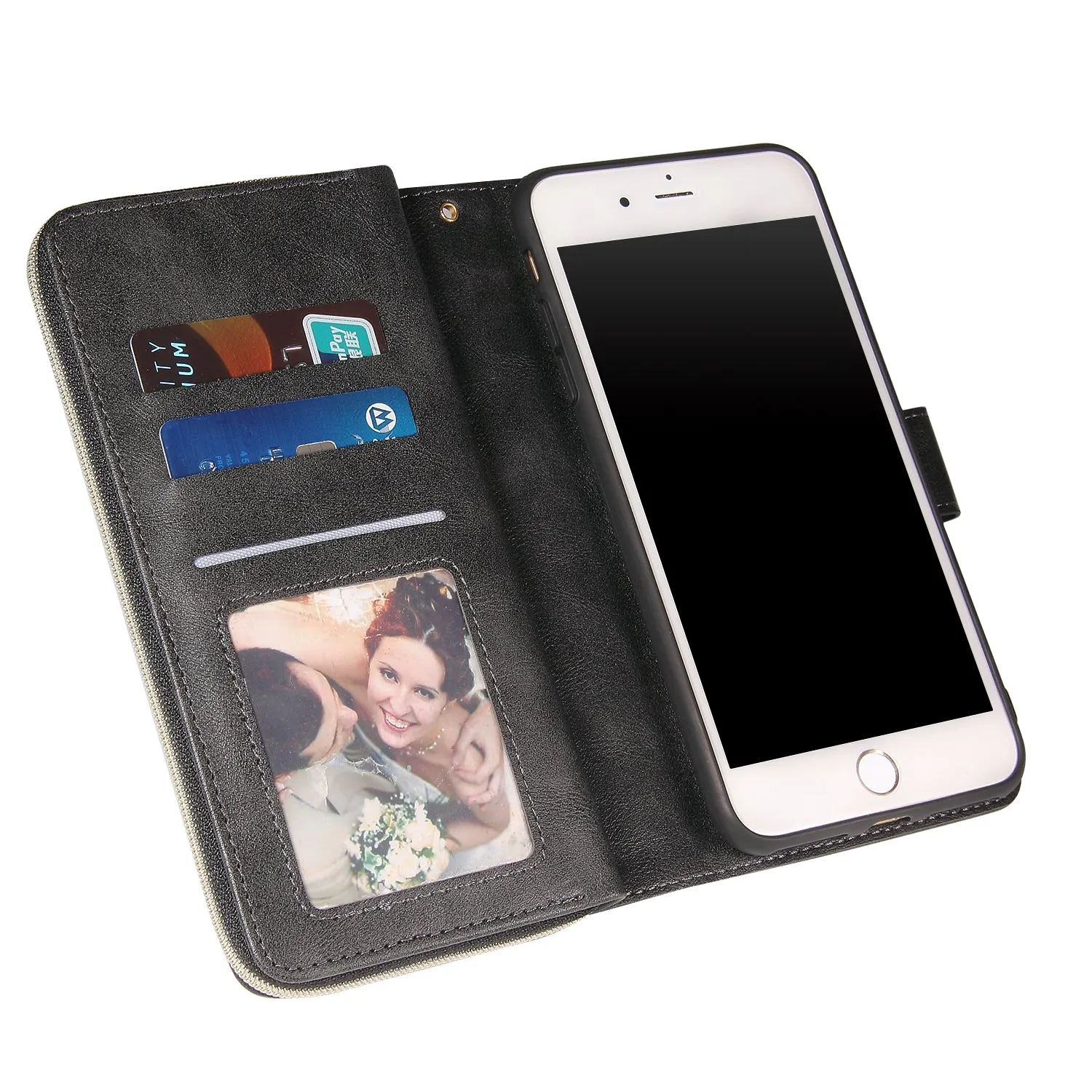 For Iphone 6/6s/6 Plus/6s Plus/7 Plus/8 Plus Pu Leather  Mobile Phone Cover Zipper Card Bag   Wrist Strap black