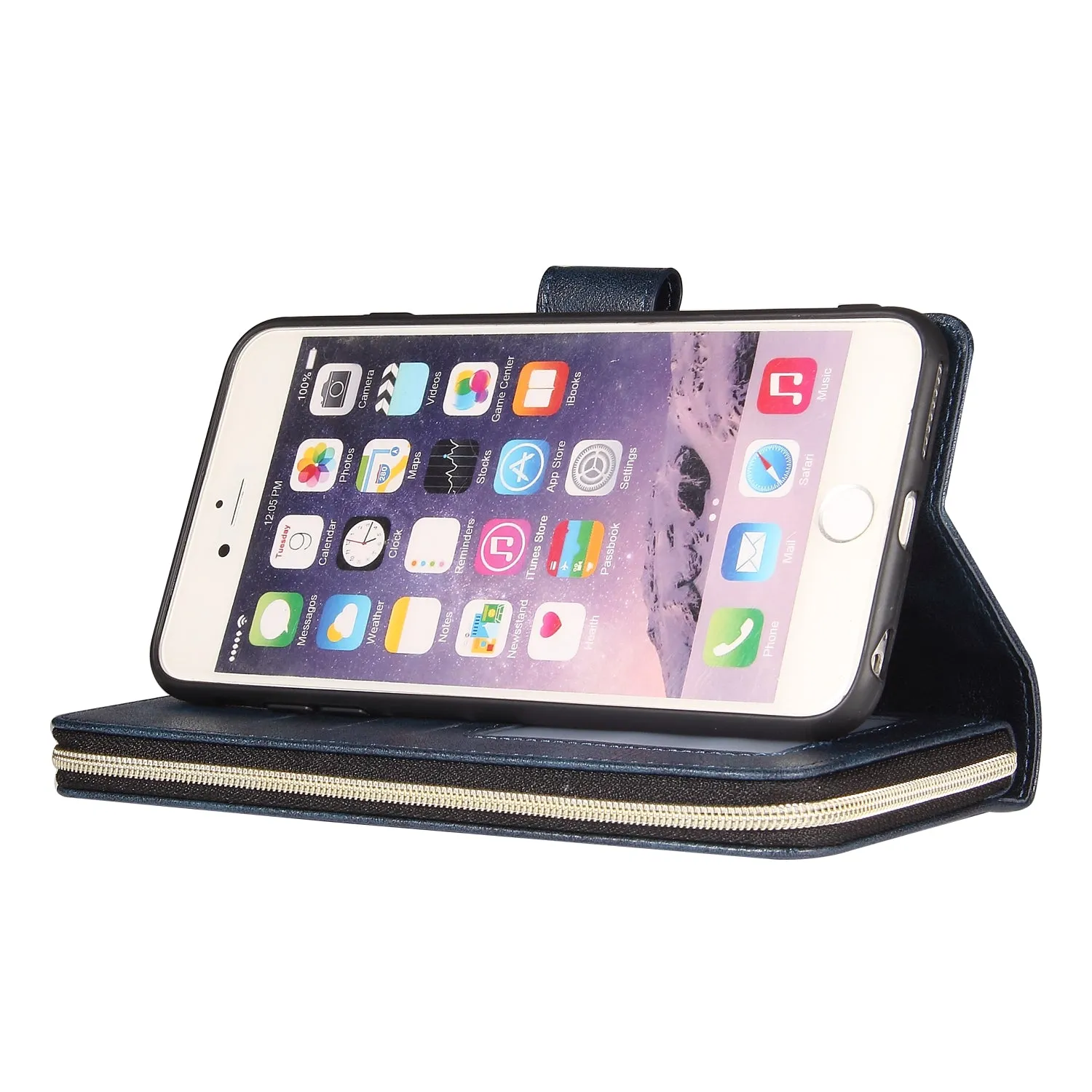 For Iphone 6/6s/6 Plus/6s Plus/7 Plus/8 Plus Pu Leather  Mobile Phone Cover Zipper Card Bag   Wrist Strap blue