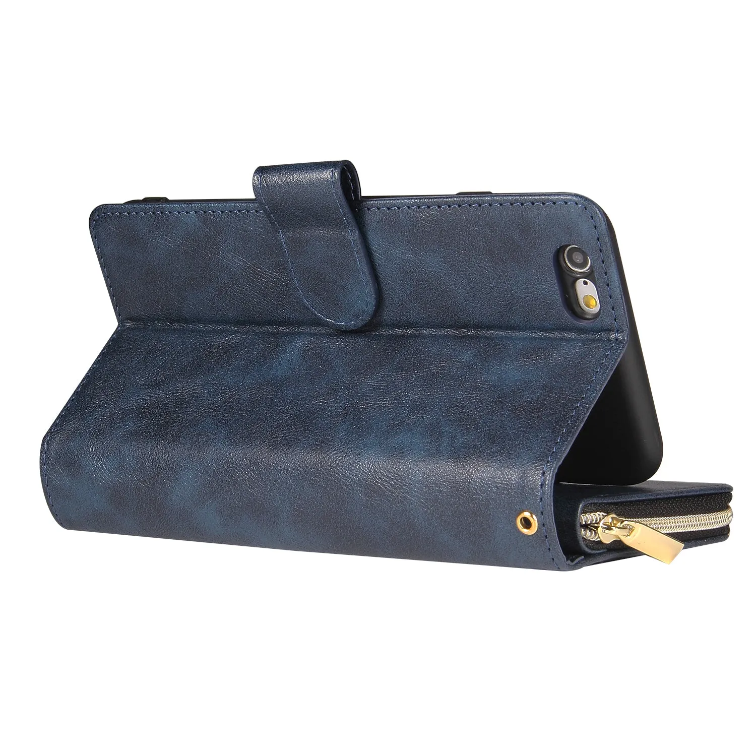 For Iphone 6/6s/6 Plus/6s Plus/7 Plus/8 Plus Pu Leather  Mobile Phone Cover Zipper Card Bag   Wrist Strap blue
