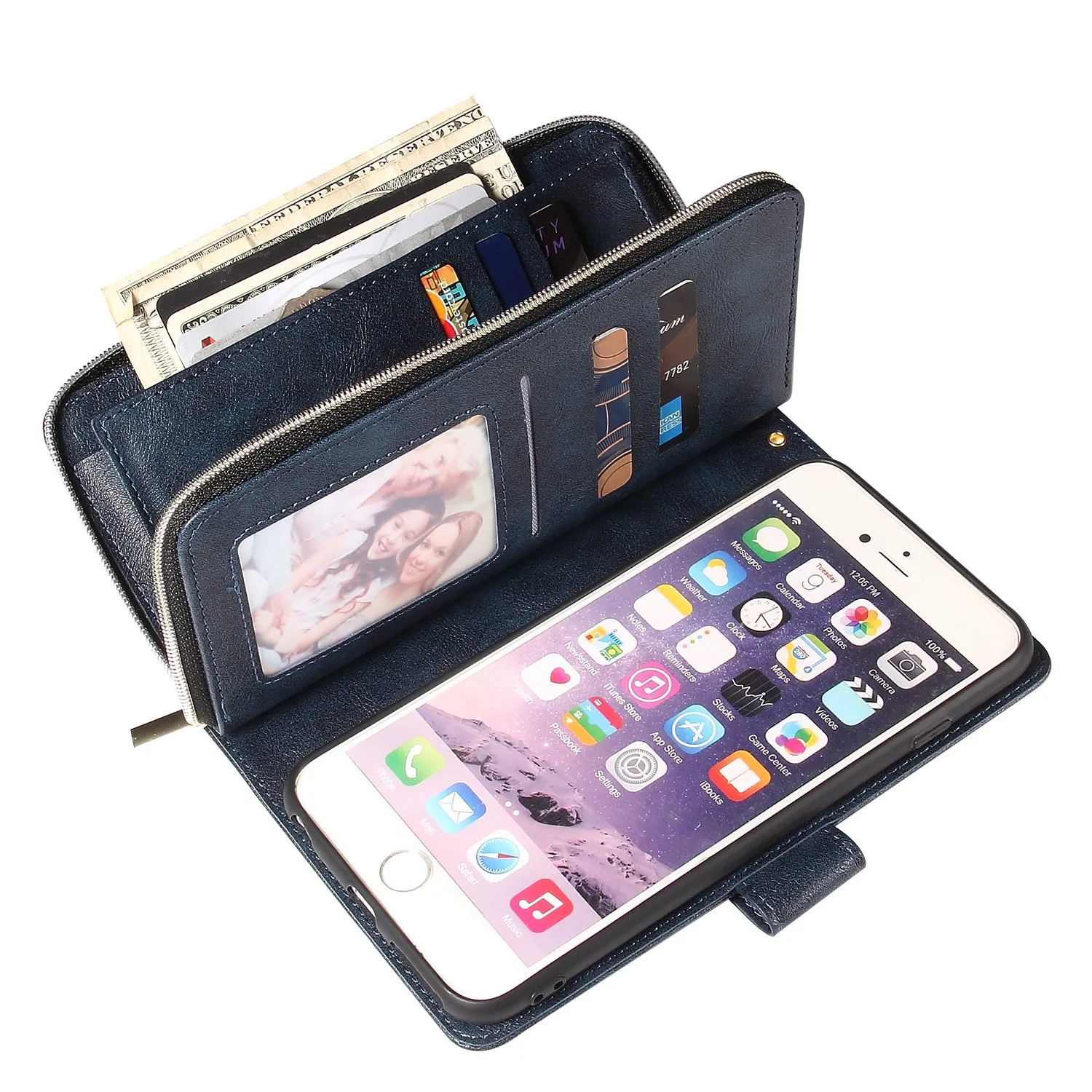 For Iphone 6/6s/6 Plus/6s Plus/7 Plus/8 Plus Pu Leather  Mobile Phone Cover Zipper Card Bag   Wrist Strap blue