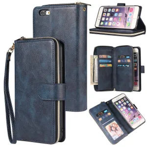 For Iphone 6/6s/6 Plus/6s Plus/7 Plus/8 Plus Pu Leather  Mobile Phone Cover Zipper Card Bag   Wrist Strap blue