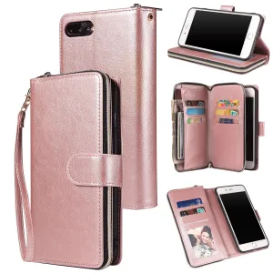 For Iphone 6/6s/6 Plus/6s Plus/7 Plus/8 Plus Pu Leather  Mobile Phone Cover Zipper Card Bag   Wrist Strap Rose gold