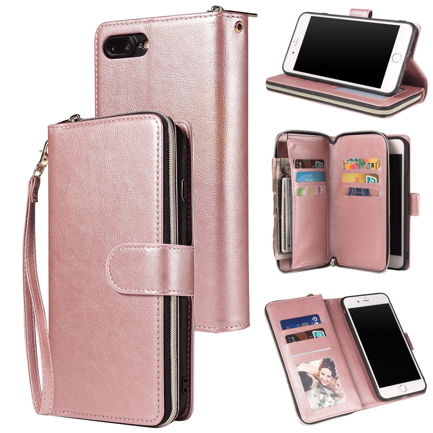For Iphone 6/6s/6 Plus/6s Plus/7 Plus/8 Plus Pu Leather  Mobile Phone Cover Zipper Card Bag   Wrist Strap Rose gold