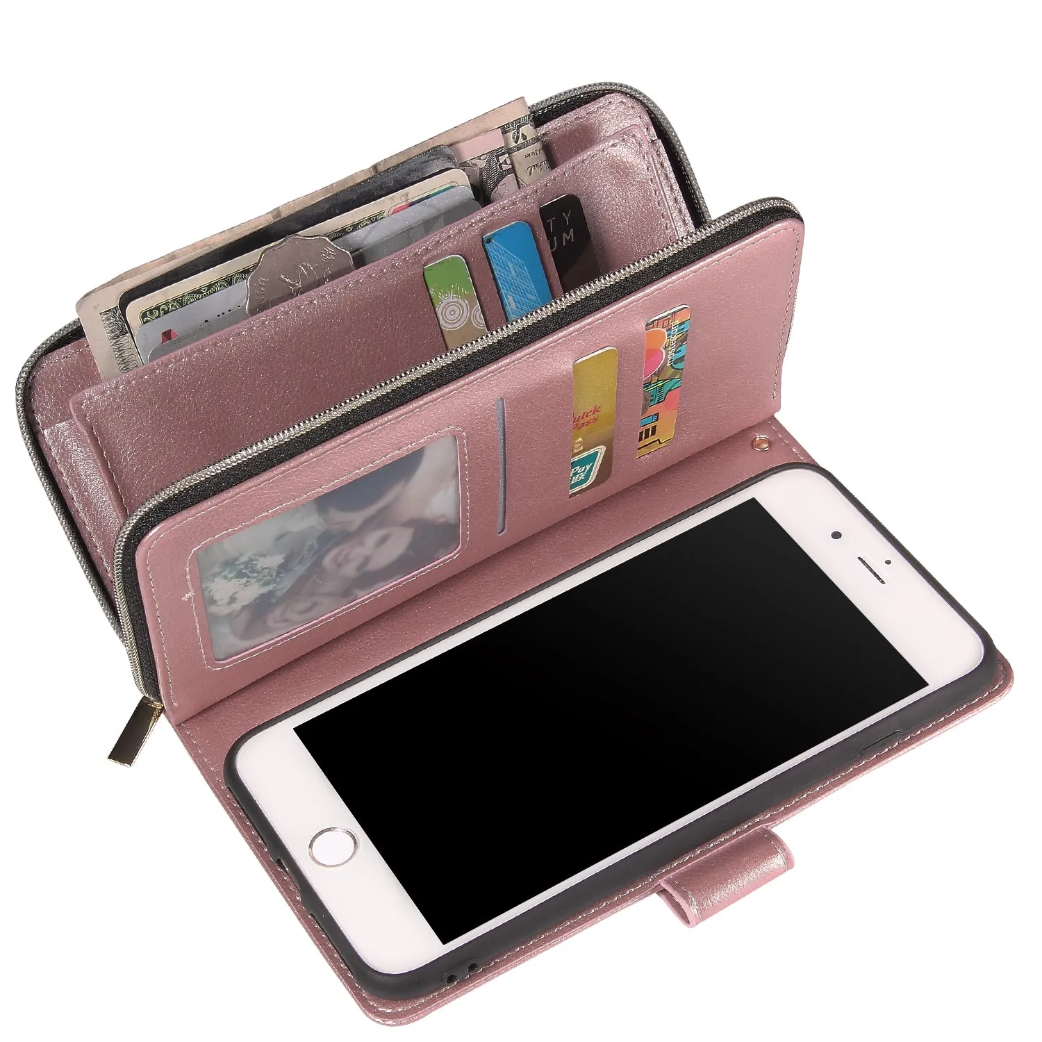 For Iphone 6/6s/6 Plus/6s Plus/7 Plus/8 Plus Pu Leather  Mobile Phone Cover Zipper Card Bag   Wrist Strap Rose gold