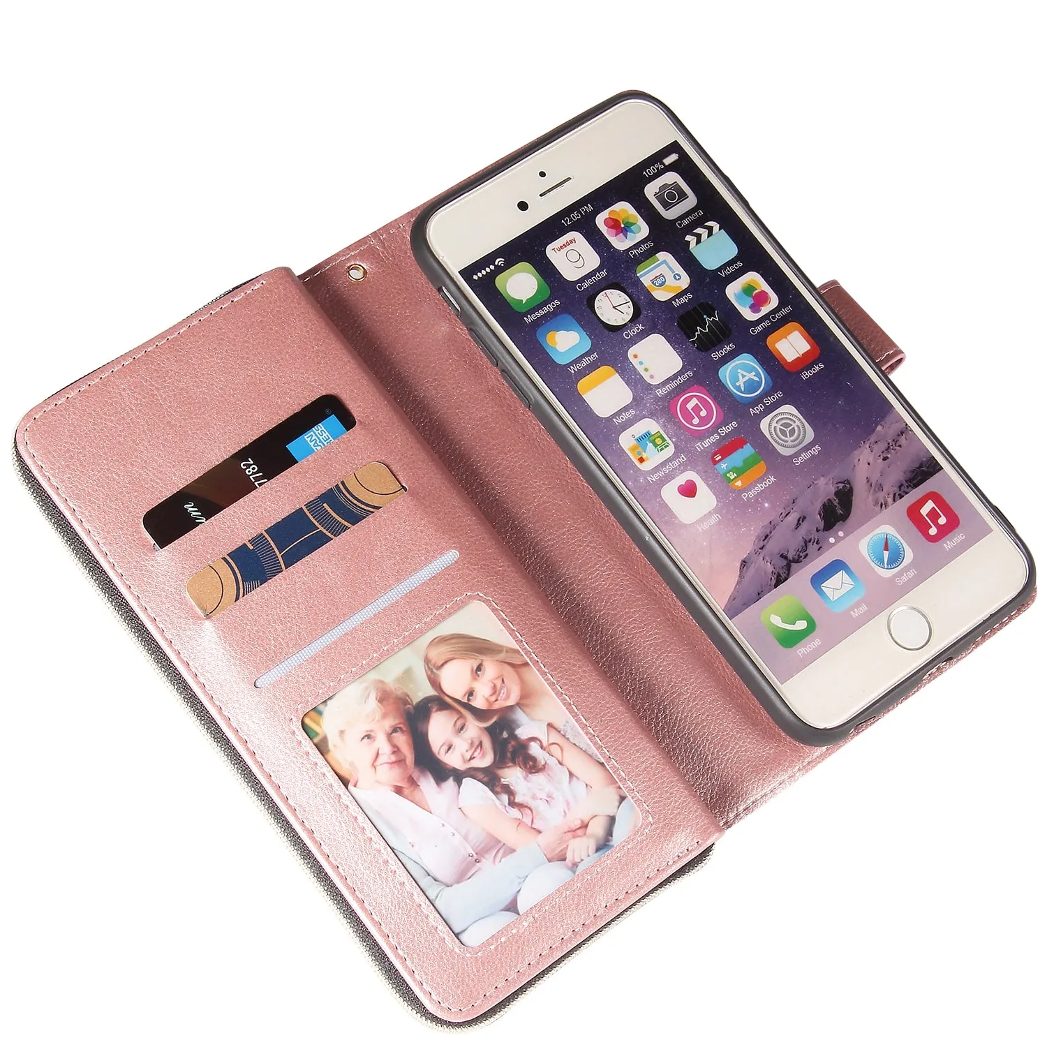 For Iphone 6/6s/6 Plus/6s Plus/7 Plus/8 Plus Pu Leather  Mobile Phone Cover Zipper Card Bag   Wrist Strap Rose gold