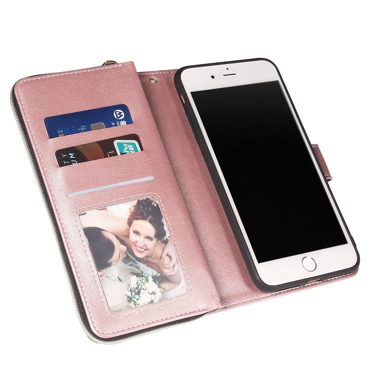 For Iphone 6/6s/6 Plus/6s Plus/7 Plus/8 Plus Pu Leather  Mobile Phone Cover Zipper Card Bag   Wrist Strap Rose gold