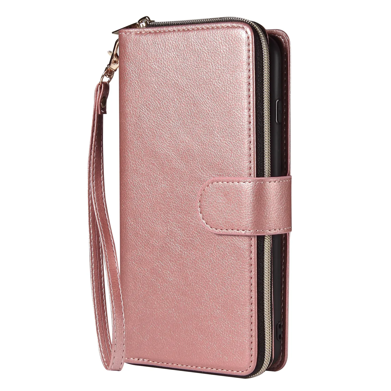 For Iphone 6/6s/6 Plus/6s Plus/7 Plus/8 Plus Pu Leather  Mobile Phone Cover Zipper Card Bag   Wrist Strap Rose gold
