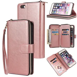 For Iphone 6/6s/6 Plus/6s Plus/7 Plus/8 Plus Pu Leather  Mobile Phone Cover Zipper Card Bag   Wrist Strap Rose gold