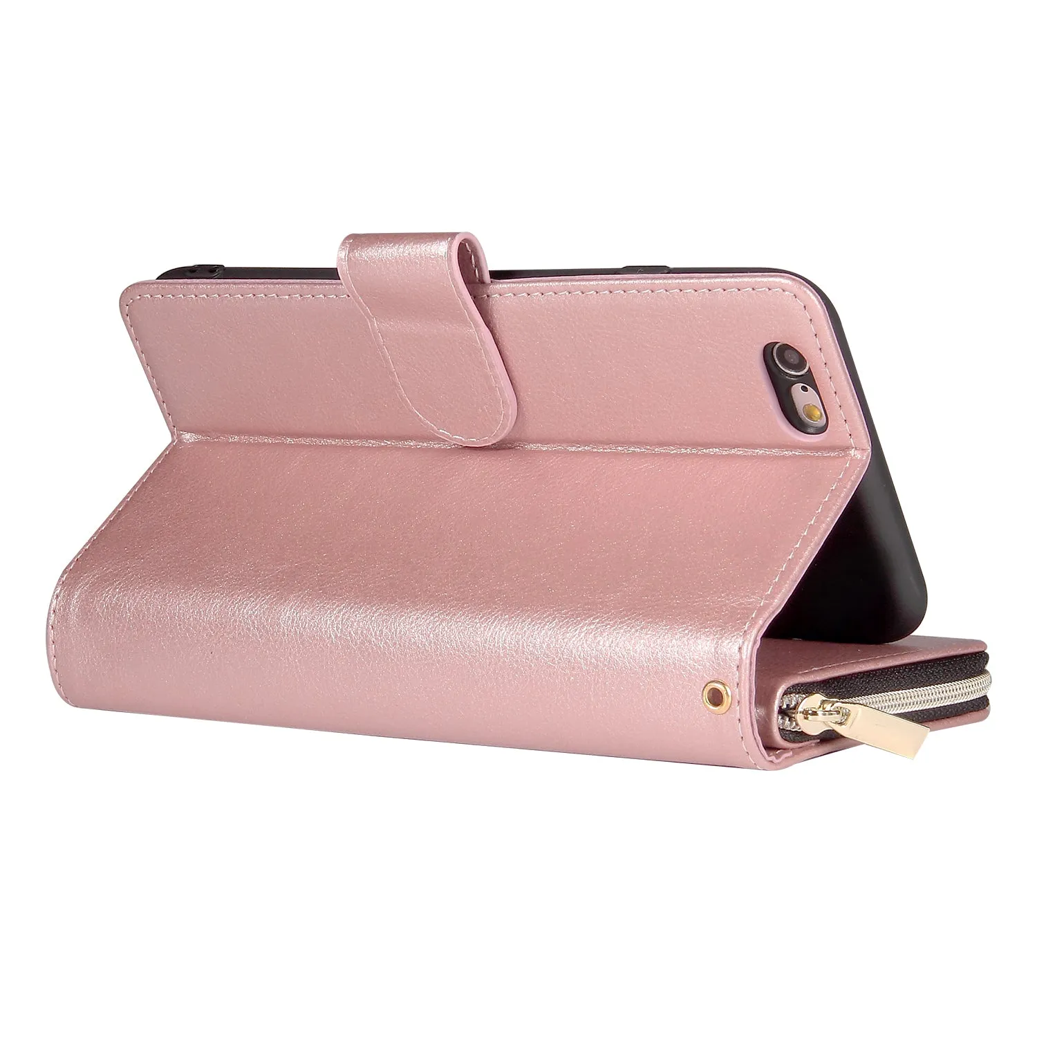 For Iphone 6/6s/6 Plus/6s Plus/7 Plus/8 Plus Pu Leather  Mobile Phone Cover Zipper Card Bag   Wrist Strap Rose gold