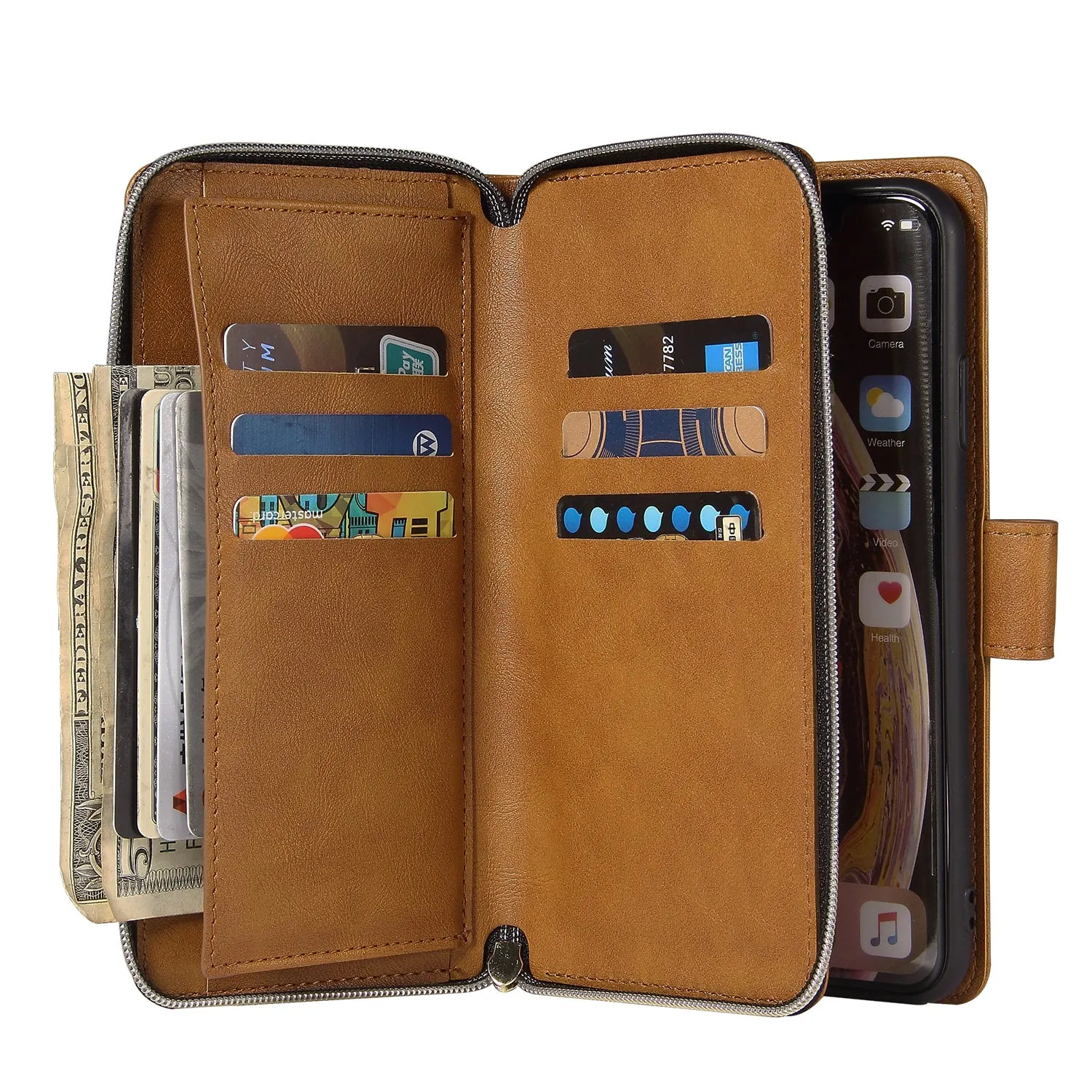 For iphone X/XS/XS MAX/11/11Pro Pu Leather  Mobile Phone Cover Zipper Card Bag   Wrist Strap brown