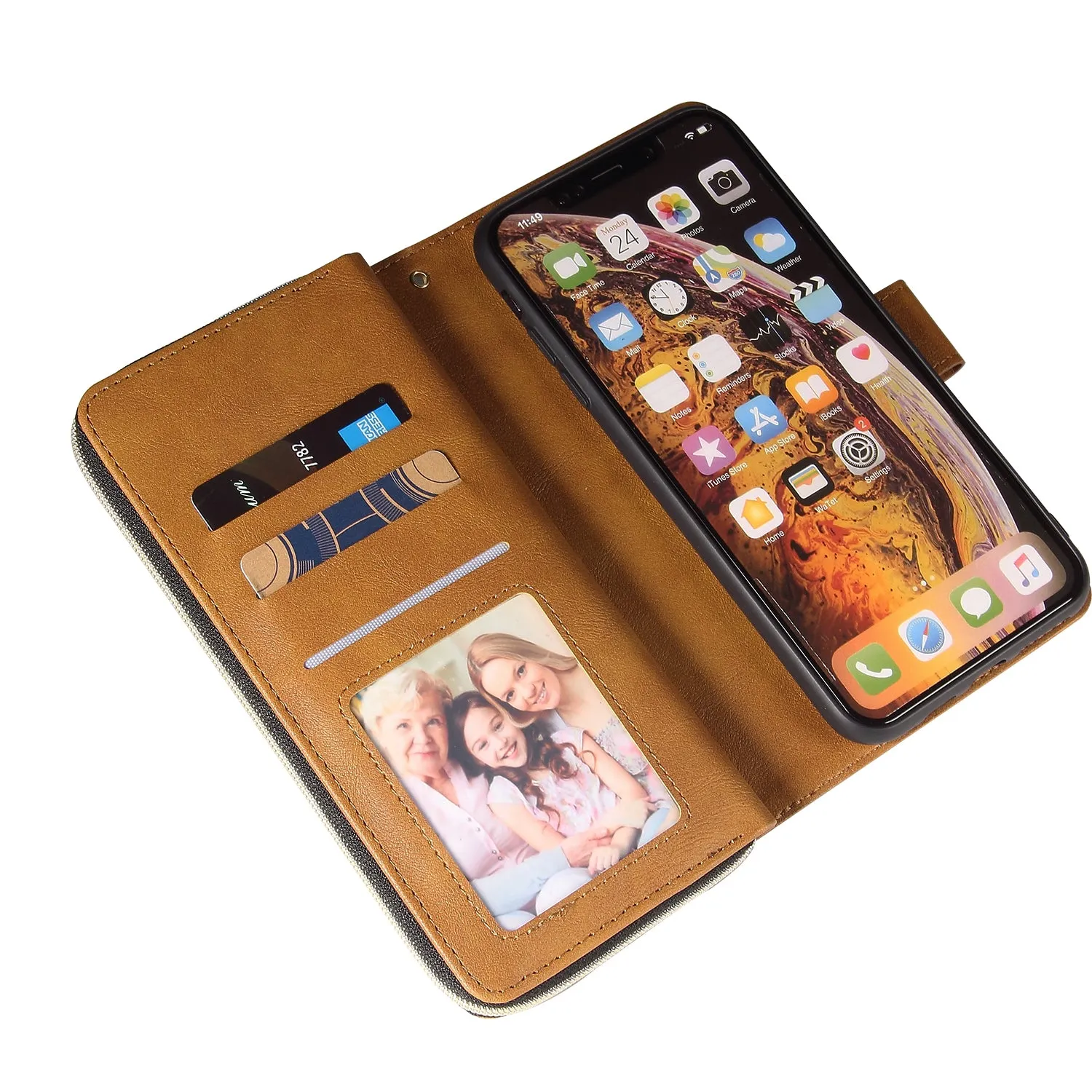 For iphone X/XS/XS MAX/11/11Pro Pu Leather  Mobile Phone Cover Zipper Card Bag   Wrist Strap brown