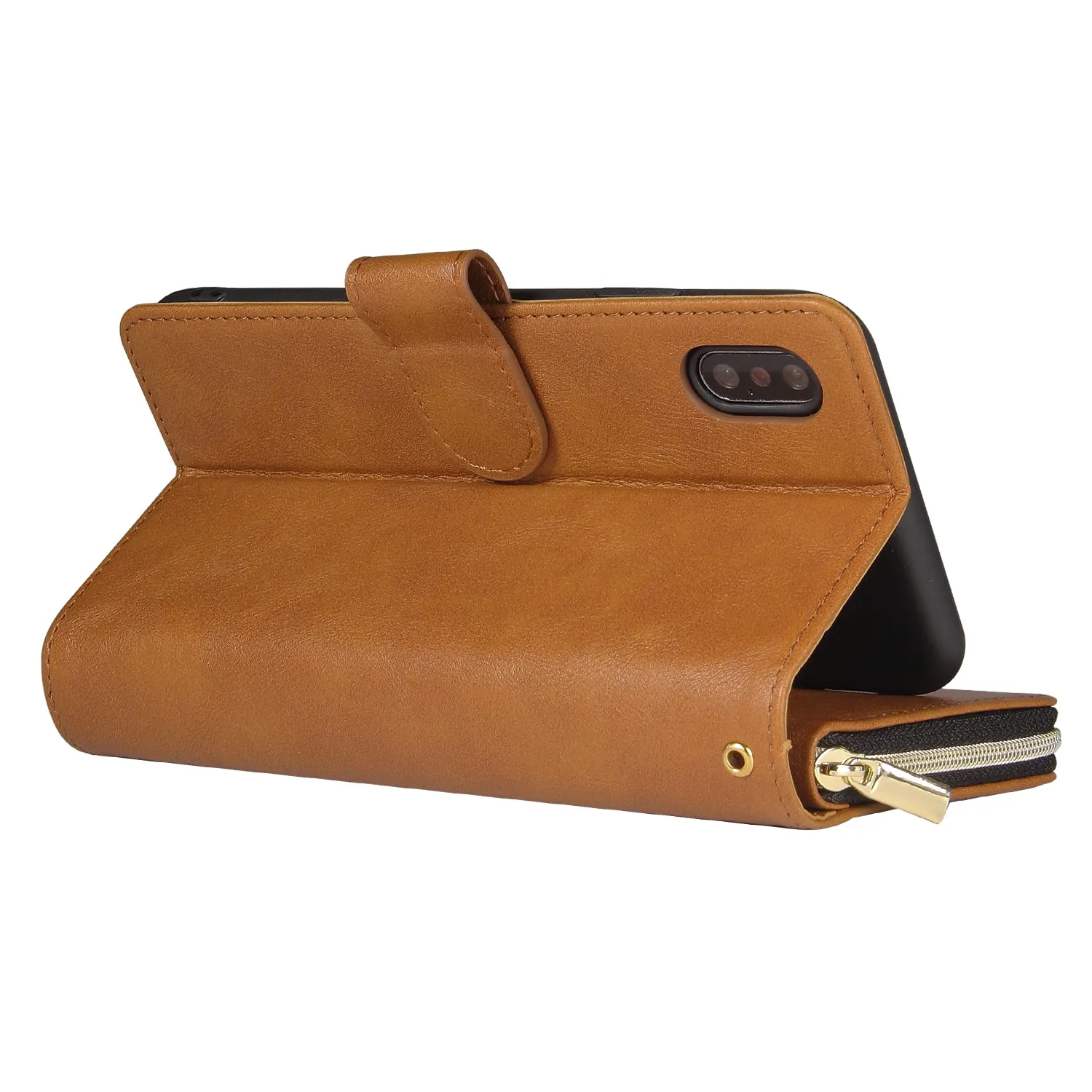 For iphone X/XS/XS MAX/11/11Pro Pu Leather  Mobile Phone Cover Zipper Card Bag   Wrist Strap brown