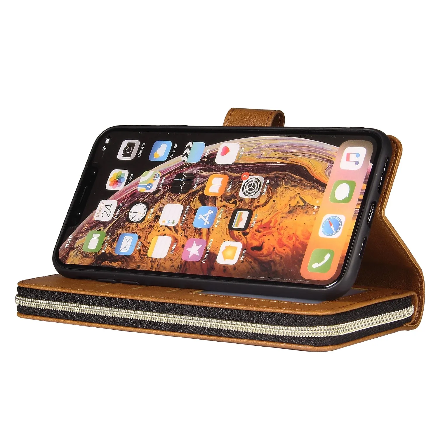 For iphone X/XS/XS MAX/11/11Pro Pu Leather  Mobile Phone Cover Zipper Card Bag   Wrist Strap brown