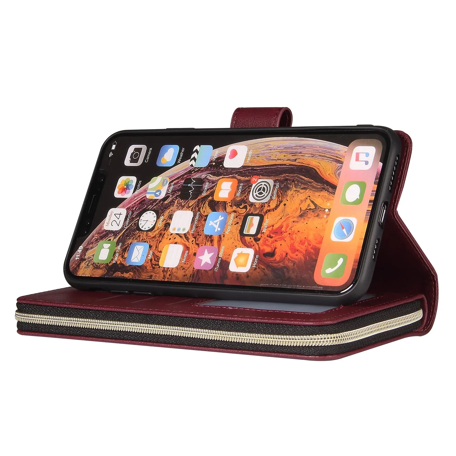 For iphone X/XS/XS MAX/11/11Pro Pu Leather  Mobile Phone Cover Zipper Card Bag   Wrist Strap Red wine