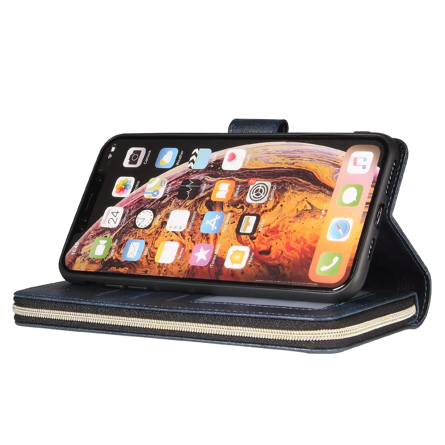 For iphone X/XS/XS MAX/11/11Pro Pu Leather  Mobile Phone Cover Zipper Card Bag   Wrist Strap Red wine