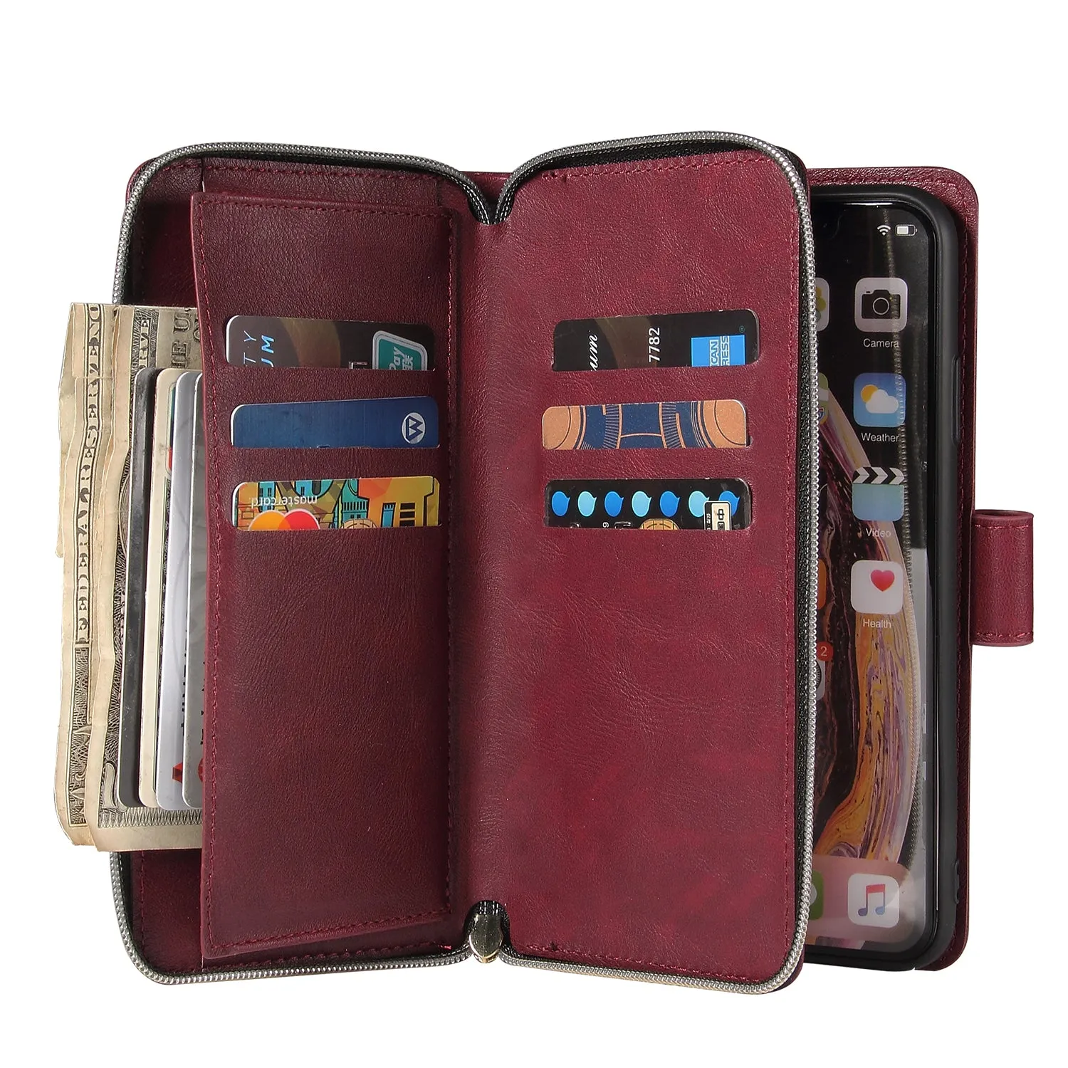 For iphone X/XS/XS MAX/11/11Pro Pu Leather  Mobile Phone Cover Zipper Card Bag   Wrist Strap Red wine