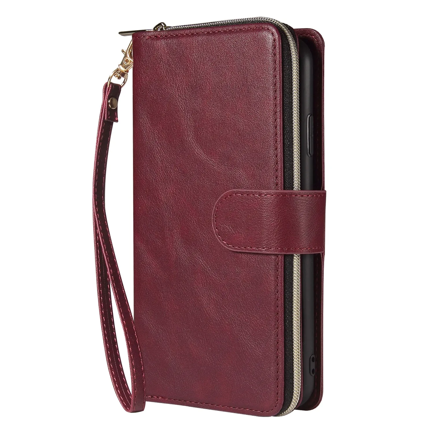 For iphone X/XS/XS MAX/11/11Pro Pu Leather  Mobile Phone Cover Zipper Card Bag   Wrist Strap Red wine