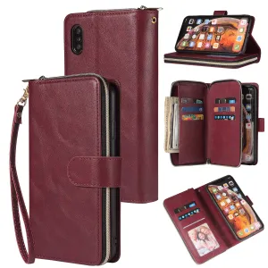 For iphone X/XS/XS MAX/11/11Pro Pu Leather  Mobile Phone Cover Zipper Card Bag   Wrist Strap Red wine