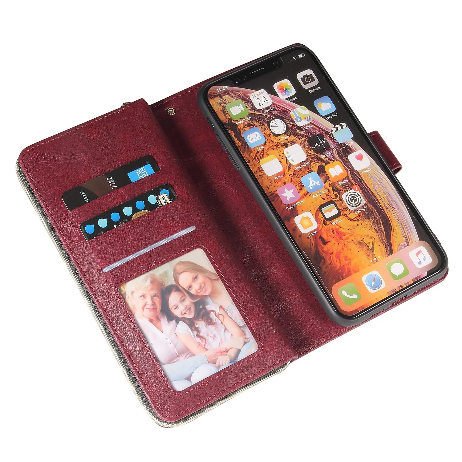 For iphone X/XS/XS MAX/11/11Pro Pu Leather  Mobile Phone Cover Zipper Card Bag   Wrist Strap Red wine