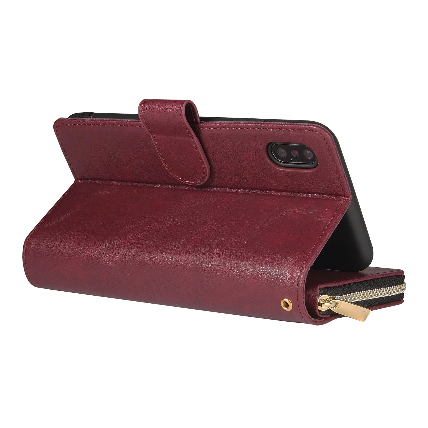 For iphone X/XS/XS MAX/11/11Pro Pu Leather  Mobile Phone Cover Zipper Card Bag   Wrist Strap Red wine