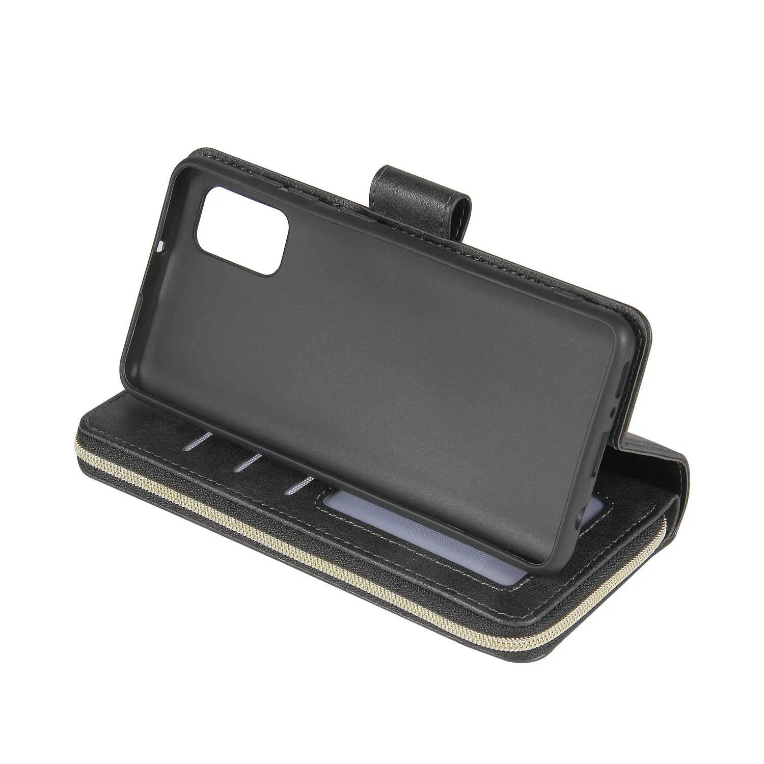 For Samsung A01/A21/A31/A41/A51 Pu Leather  Mobile Phone Cover Zipper Card Bag   Wrist Strap black