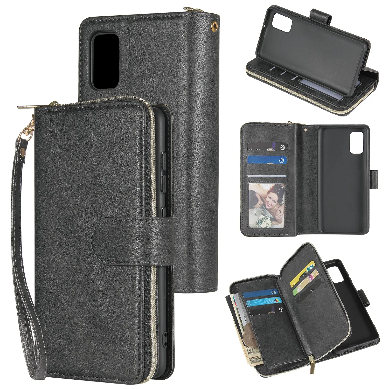 For Samsung A01/A21/A31/A41/A51 Pu Leather  Mobile Phone Cover Zipper Card Bag   Wrist Strap black